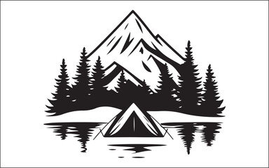 Mountain Camping Silhouette Scene Hiker, Tent, and Pine Trees Vector Art