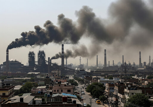  Heavy industry causing air pollution with smoke from factory chimneys over a city.