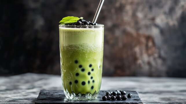A creamy matcha bubble tea with black tapioca pearls, served in a tall glass with a metal straw