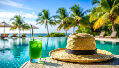 Tropical Paradise Relaxing Poolside Escape with a Refreshing Drink