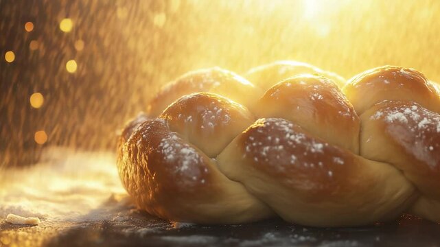 A braided loaf of bread lightly dusted with flour sits on a surface, illuminated by warm light. The golden crust is highlighted by the interplay of sunlight and shadows.
