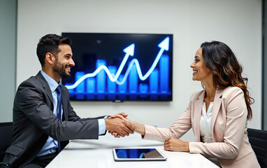 Two Business People Shaking Hands in a Modern Boardroom with a Growth Chart on a Large Screen. Successful Partnership Agreement and Corporate Deal Sealed