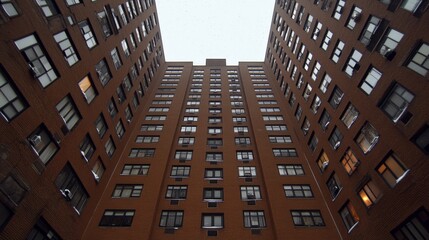 Tall residential apartment building viewed from the ground looking up at the sky