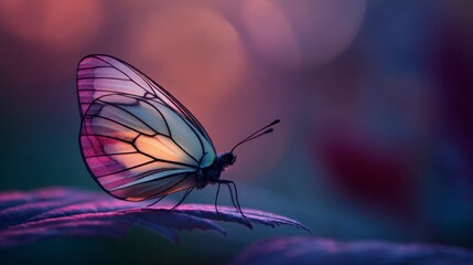 Macro shot of a colorful butterfly on a leaf with blurred background