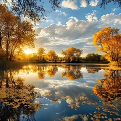 Serene lake surrounded by lush green trees and colorful autumn leaves creating a picturesque scene