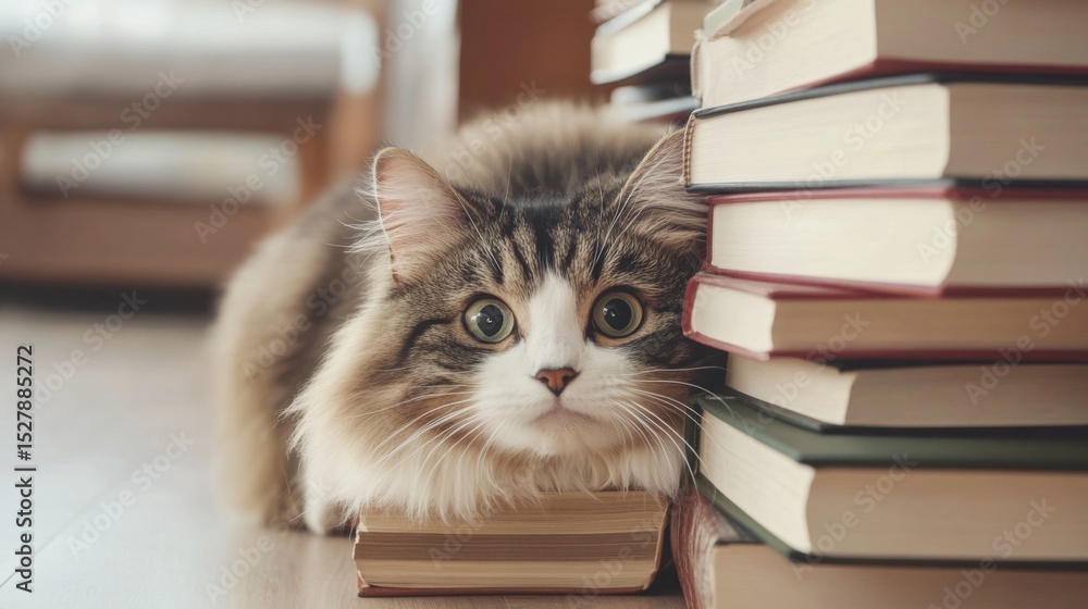 Poster a cute fat cat peeking out from behind a stack of books, its curious expression and fluffy body crea