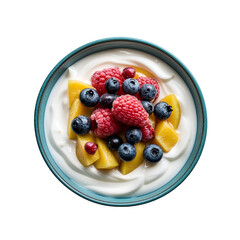 Top-down view of vibrant fruit yogurt bowl with mango, raspberries, blueberries, and cherries, isolated on transparent background for fresh food design