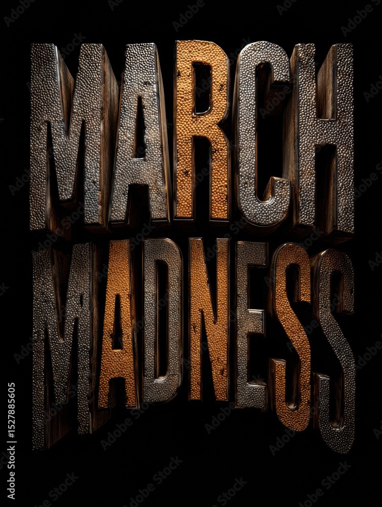 Poster 3D Typography Design of March Madness Featuring Basketball Texture With Open Space on the Left Side