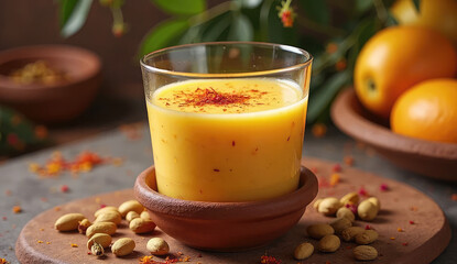 Delicious saffron-spiced drink garnished with pistachios
