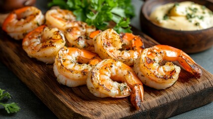 A delicious serving of grilled shrimp on a wooden board, with a side of garlic butter and herbs, emphasizing the mouthwatering flavors of the dish.