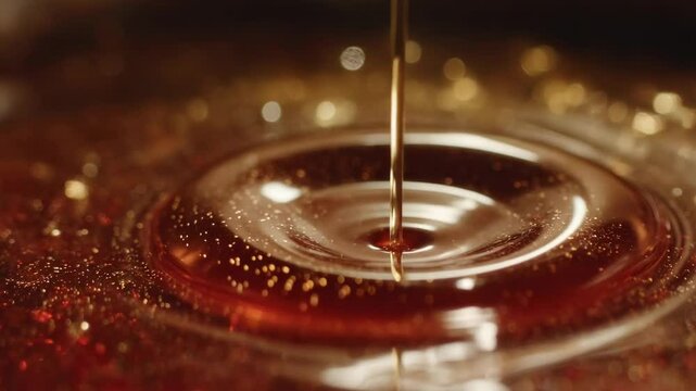 Close-up shot of honey dripping into a pool, creating ripples and droplets. The warm golden tones create a visually appealing scene.