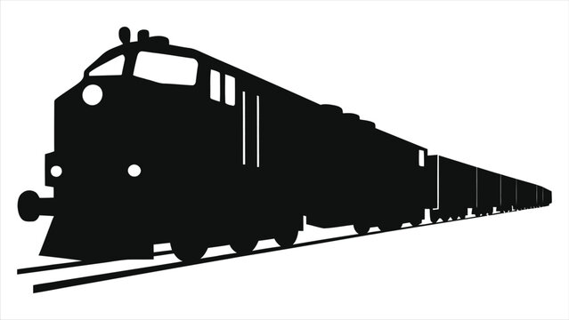 Vector Silhouette of a Freight Train on Tracks/A simple, bold silhouette of a freight train moving along tracks.