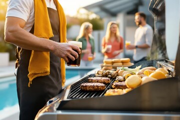 Man holding beer near BBQ grill with burgers, buns, and veggies, friends chatting in background, warm sunset outdoor by poolside. Ai generative