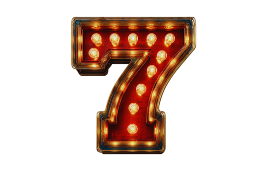 Illuminated Number Seven Retro Vintage Style Lightbulb Sign Perfect for Casino Design or 7th Anniversary Celebration