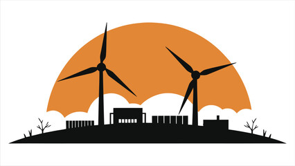 Obraz premium Vector Silhouette illustration of wind turbines and buildings at sunset/A simple silhouette illustration showcasing wind turbines and buildings situated on a landscape under a stylized sunset.