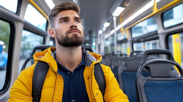 Young man with a beard and backpack sitting on a bus, looking thoughtfully ahead - Powered by Adobe