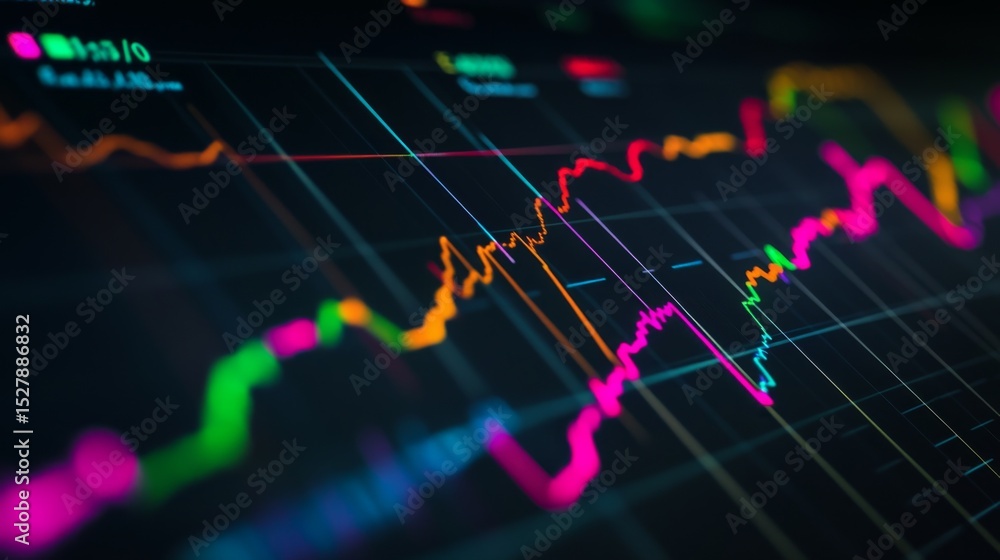 Poster a detailed close-up of a colorful financial graph with upward trends and vibrant lines on a digital 