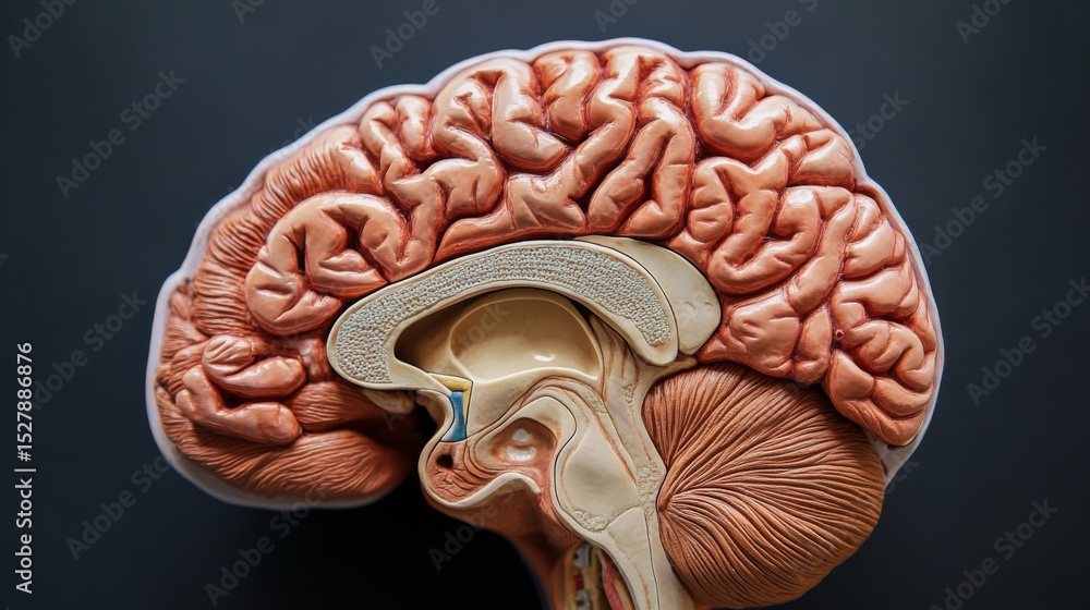 Poster A detailed close-up of a human brain model, showcasing the intricate folds and structures, set against a dark background to highlight its complexity and beauty.