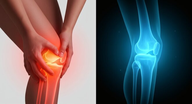 Knee Pain  Human leg with red highlight Blue xray view on dark background. - Powered by Adobe