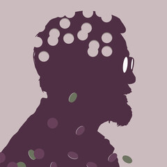 Aging and dementia with it's loss of cognitive abilities is the subject of an old man with holes in his silhouette from dementia and age. 