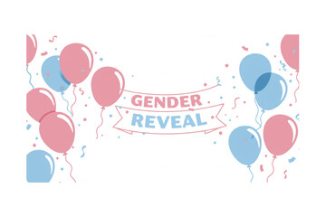 Vector invitation card template for baby gender reveal party. Color illustration with firecrackers and balloons on a white background.