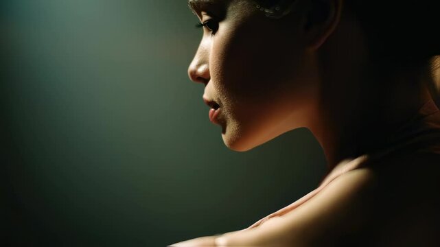 Profile of a young woman, a ballerina, illuminated by a dramatic light source, creating strong shadows and highlighting the contours of her face and shoulders