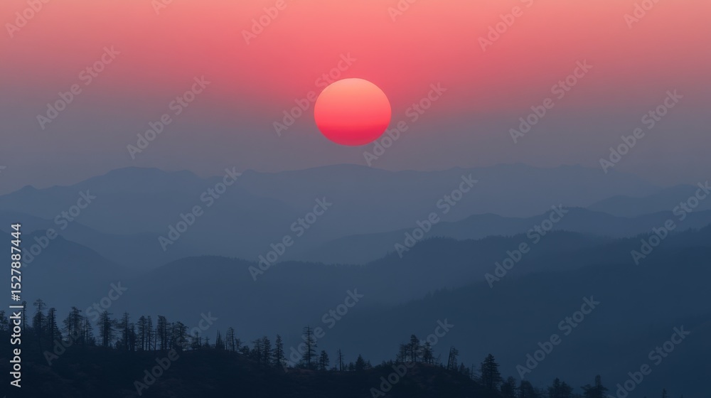 Aufkleber a dramatic sunset obscured by smoke from a distant wildfire, with layers of haze and fiery hues, cre