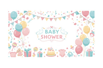 Delightful Baby Shower design featuring pastel balloons, storks, gifts, and party decorations perfect for invitations or announcements.
