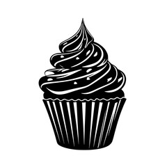 a black and white icon of a cupcake black, cherry, cream, cupcake, icon , Generative art.