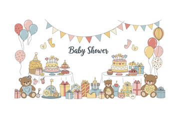 Fototapeta premium Adorable Baby Shower Celebration Design featuring Cakes Balloons Teddy Bears and Gifts perfect for invitations cards or party decorations