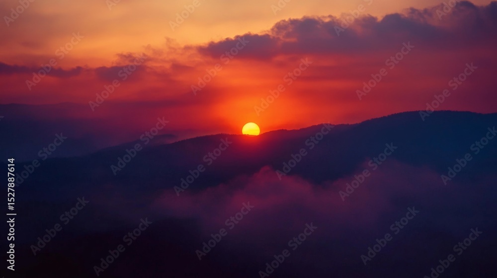 Poster A dramatic sunset obscured by smoke from a distant wildfire, with layers of haze and fiery hues, creating a captivating yet unsettling atmosphere of impending danger.