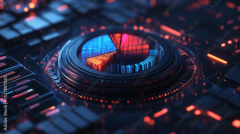 Poster A dynamic D pie chart rotating on a digital interface, showcasing real-time data analysis with colorful segments, against a futuristic technology-inspired background.