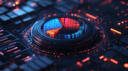 A dynamic D pie chart rotating on a digital interface, showcasing real-time data analysis with colorful segments, against a futuristic technology-inspired background.