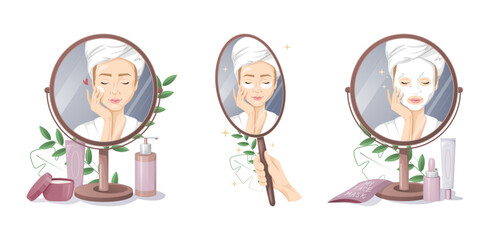 Woman doing skincare spa routine and reflecting in the mirror set