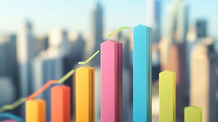 A dynamic business bar graph illustrating company growth, featuring vibrant bars with upward trends, set against a blurred cityscape background for a corporate vibe.