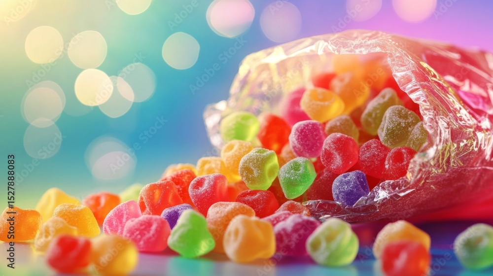 Poster A dynamic image of a handful of assorted candies spilling from a colorful bag onto a bright surface, capturing the excitement and abundance of sweet treats.