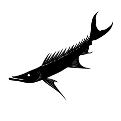 a black and white illustration of a fish leaping out of the water black, fish, illustration, silhouette, water , Generative art.