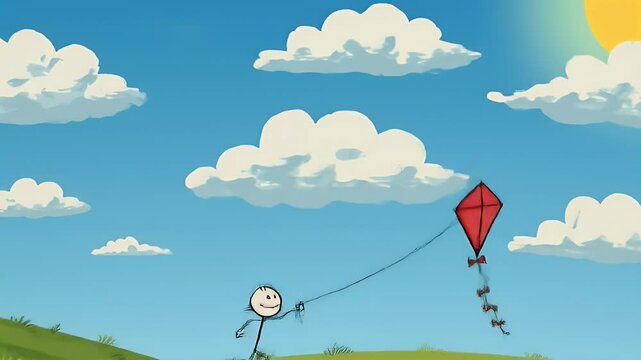 Cartoon stick figure flying kite outdoor