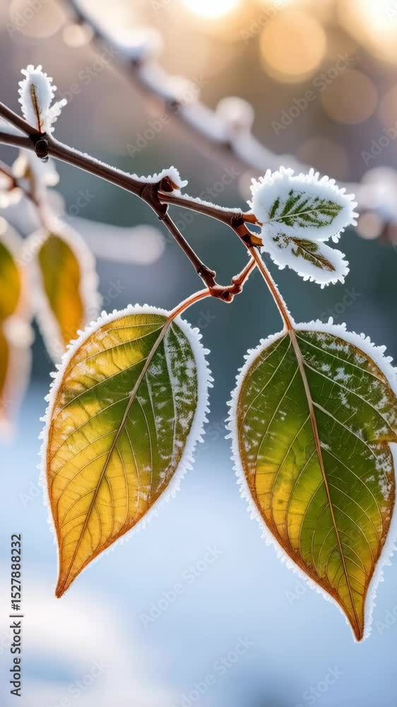 Poster frozen leaves clinging to branches in a winter scene with ice crystals outlining the edges and soft 
