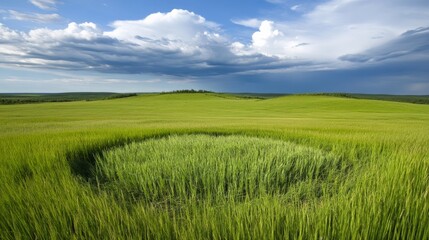 Fototapeta premium Wide green field with a circular patch under a partly cloudy sky