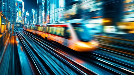 A dynamic shot of an electric train in motion, capturing the movement blur as it travels along elevated tracks in a bustling city setting.
