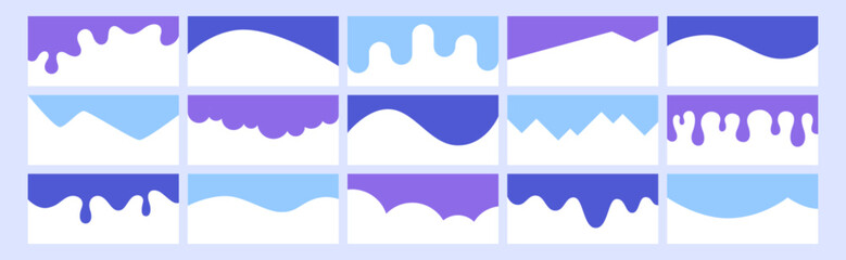 Blue separator header vector set. Section divider shapes for website or web page. Modern bottom or top border, wave headline design elements. Footers with curve lines, drops, drips on white background