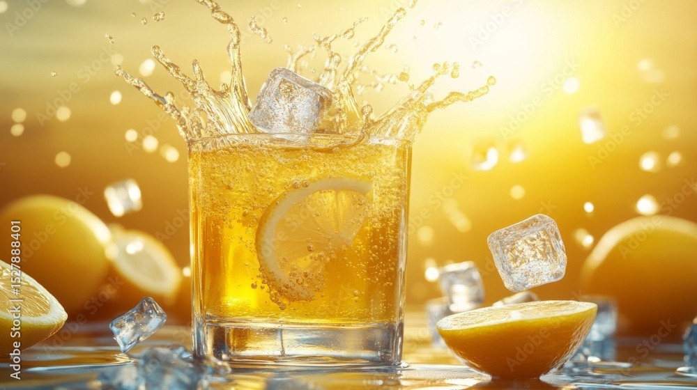 Poster A dynamic shot of ice cubes splashing into a glass of lemonade, capturing the lively movement and the refreshing nature of the drink, ideal for summer heat.