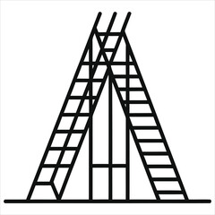 Vector Silhouette of Ladders Forming a Teepee Shape/A minimalist black and white line drawing depicts two ladders leaning against each other, forming the shape of a teepee.