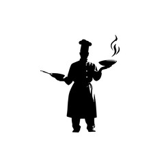 a black silhouette of a chef holding hot food in his hands black, chef, cook, food, hand, hat, hold, hot, man, silhouette , Generative art.