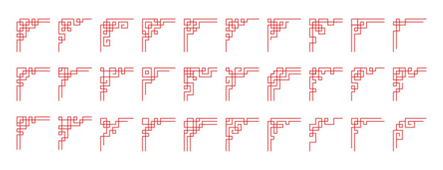 Chinese corner vector set. Red japanese border frames design art, asian vintage ornaments isolated on white background. Traditional korean decorative elements, japan ancient line culture decoration