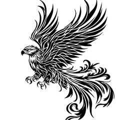 a black and white silhouette of an eagle spread its wings bird, black, eagle, silhouette, symbol, tattoo, wing , Generative art.