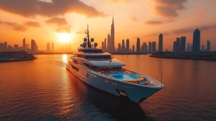 Fototapeta premium Luxury Yacht Sailing at Sunset on Dubai Background