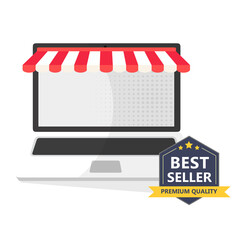 Concetto di shopping online. Apri laptop con acquisto dello schermo. Stile piatto, illustrazione  day to go left best seller premium quality