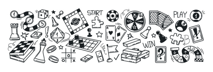 Fototapeta premium Board games doodles set. Hand drawn vector illustration sketch icons of cards, dice and pawns. Checkers, roulette, poker, domino, lotto, billiards and other gambling symbols. Family leisure concept